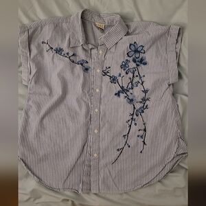 A New Day Striped Button-Up Shirt with Floral Embroidery
